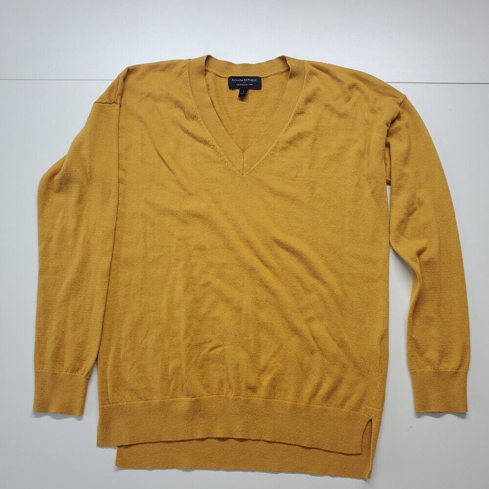 Banana Republic V-Neck Sweater Mustard Yellow Cotton Cashmere Blend, Small